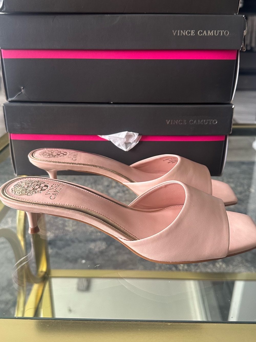 Vince Camuto Blush Pink Leather Open-Toe Kitten Heel Slides